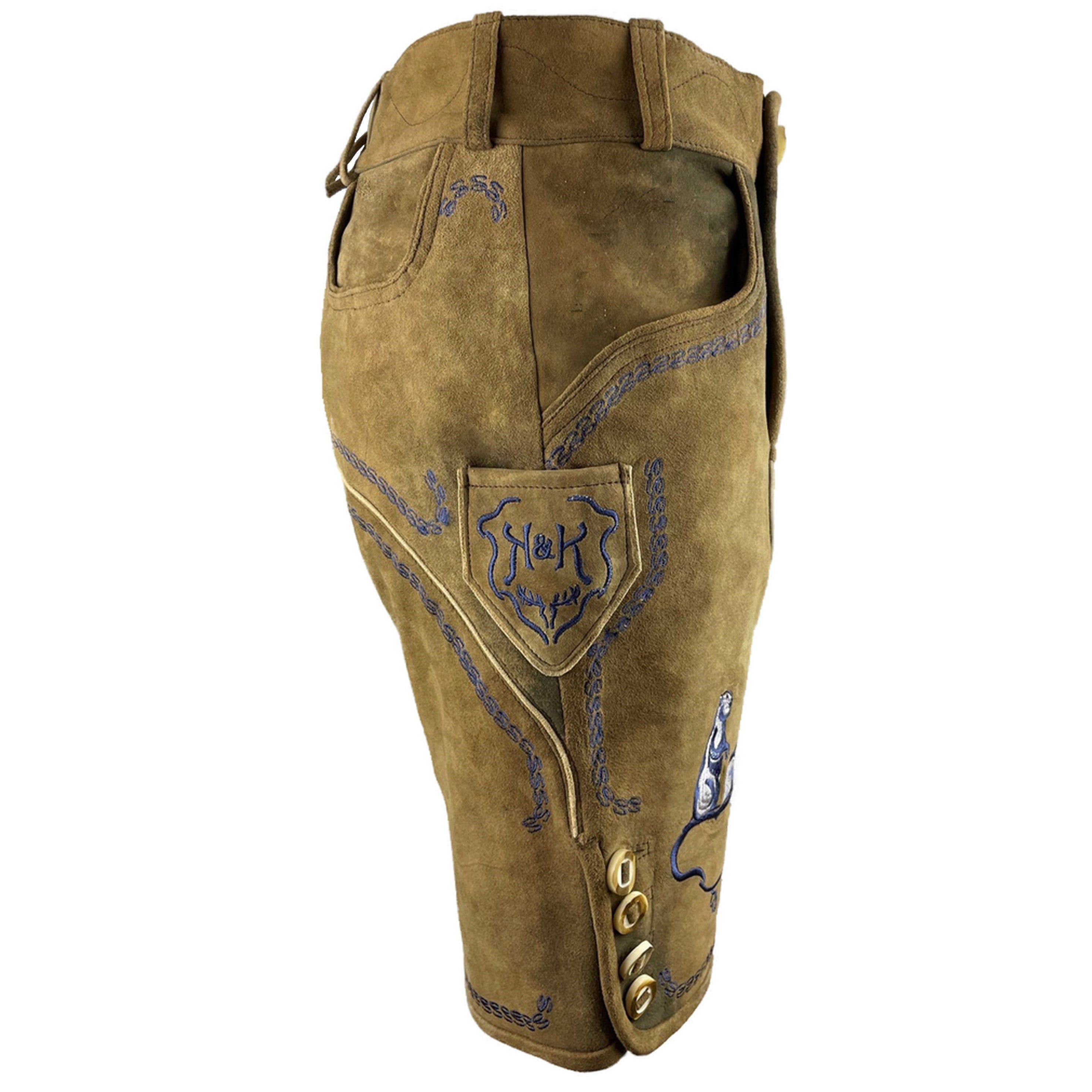 Lederhose Doppelmurmel - braun mit dunkelblauen Stickereien