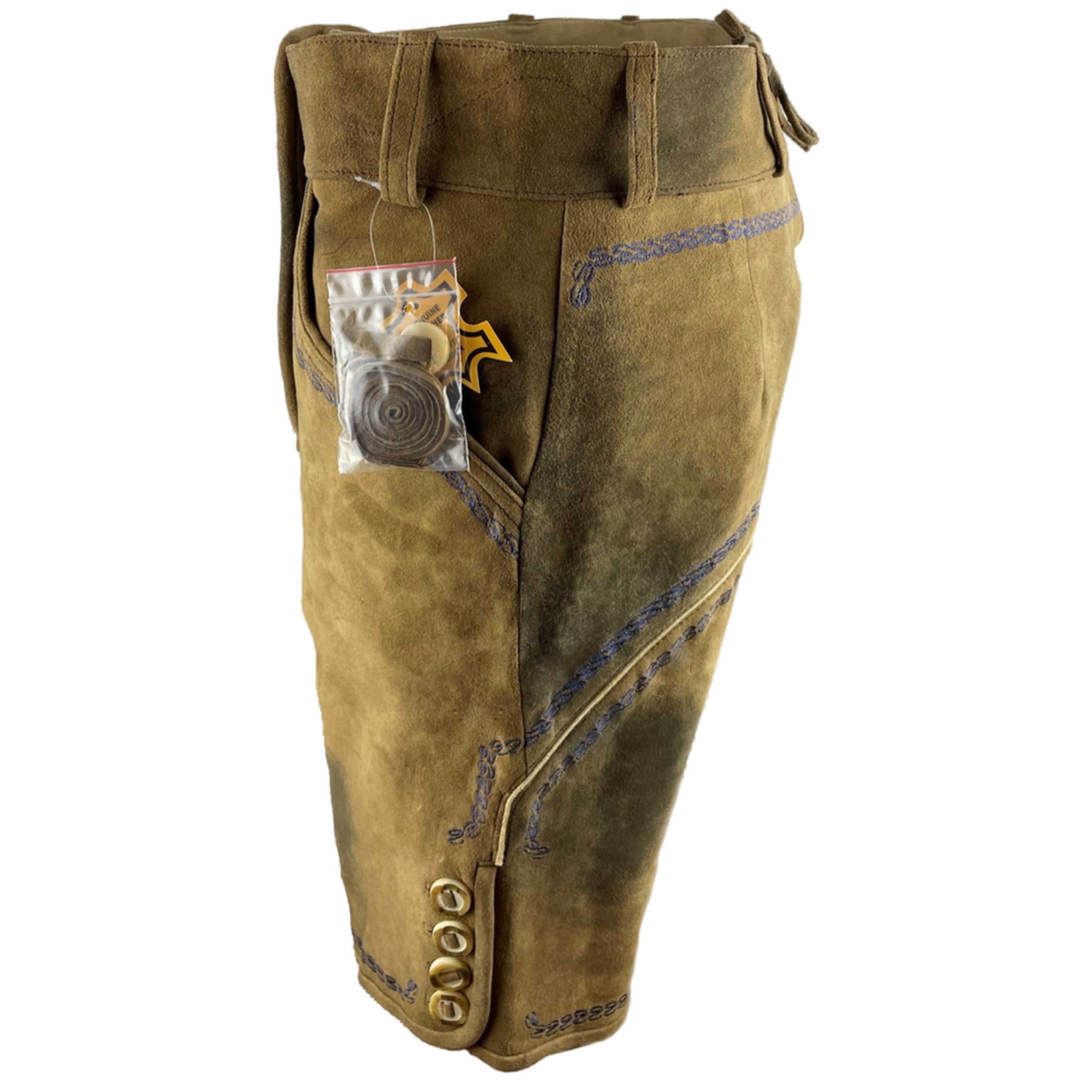 Lederhose Doppelmurmel - braun mit dunkelblauen Stickereien