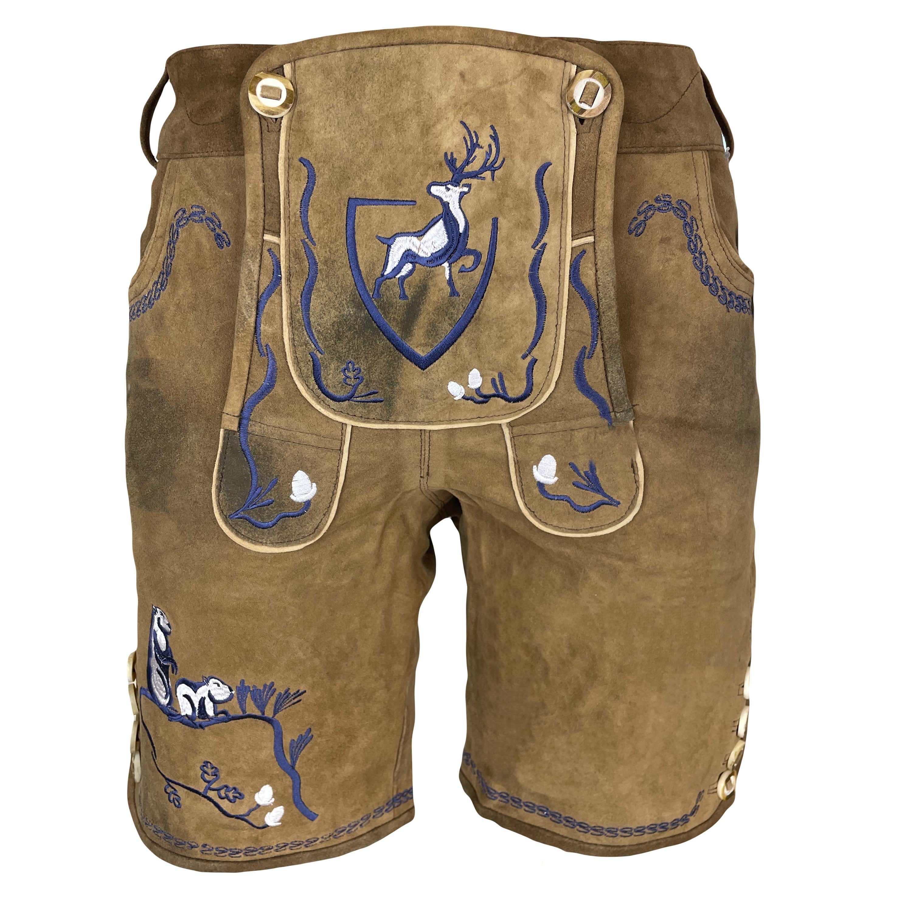 Lederhose Doppelmurmel - braun mit dunkelblauen Stickereien