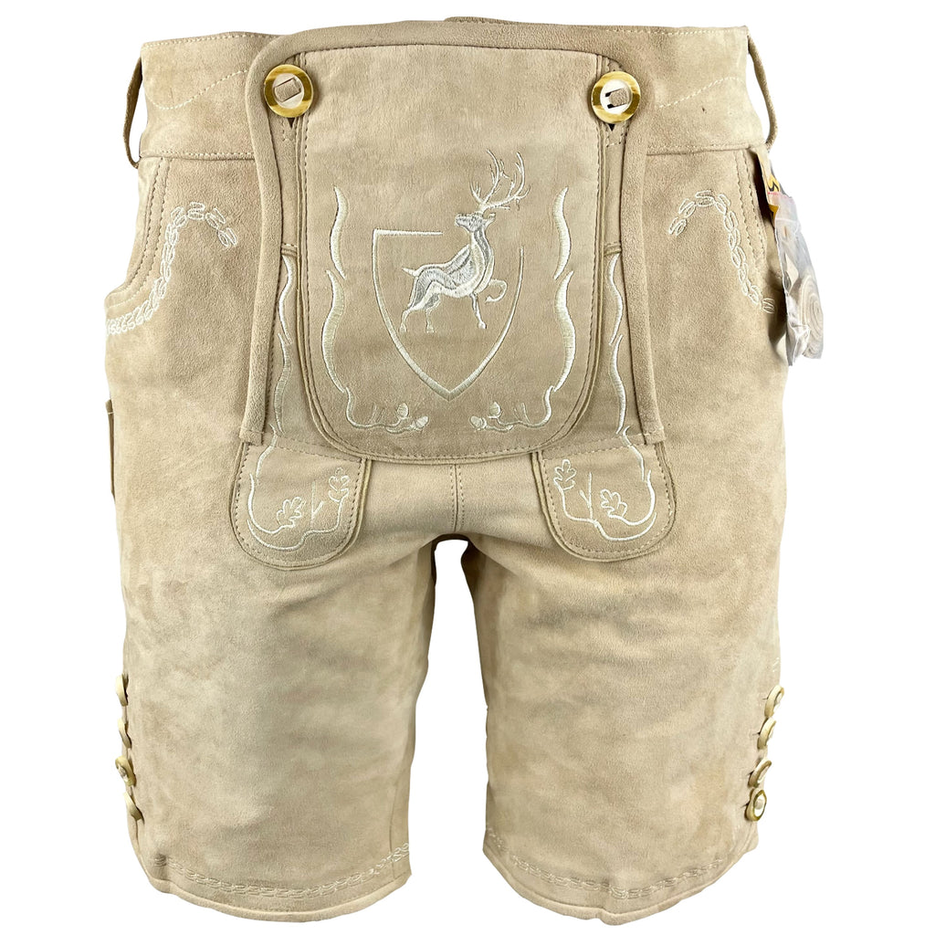 Lederhose Der Hirsch - beige mit weißen Stickereien