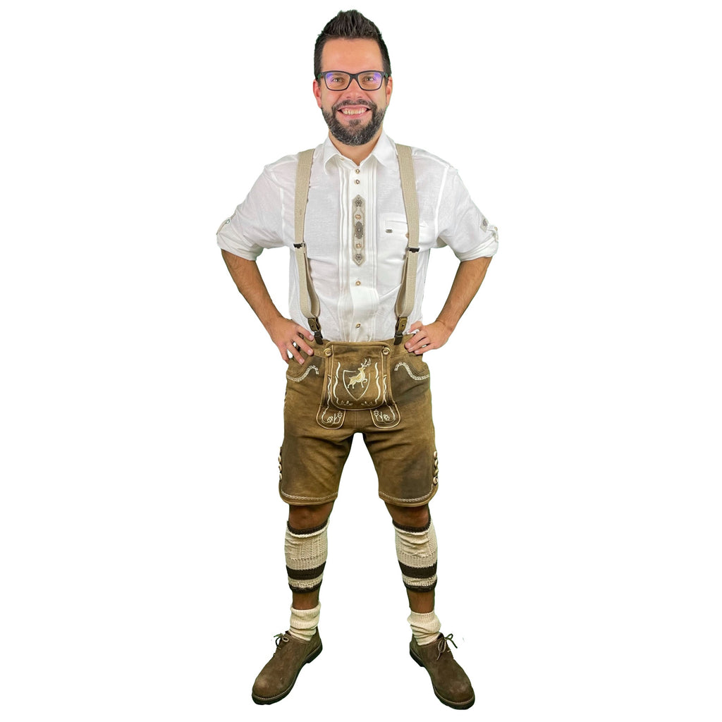Lederhose Der Hirsch - braun mit weißen Stickereien