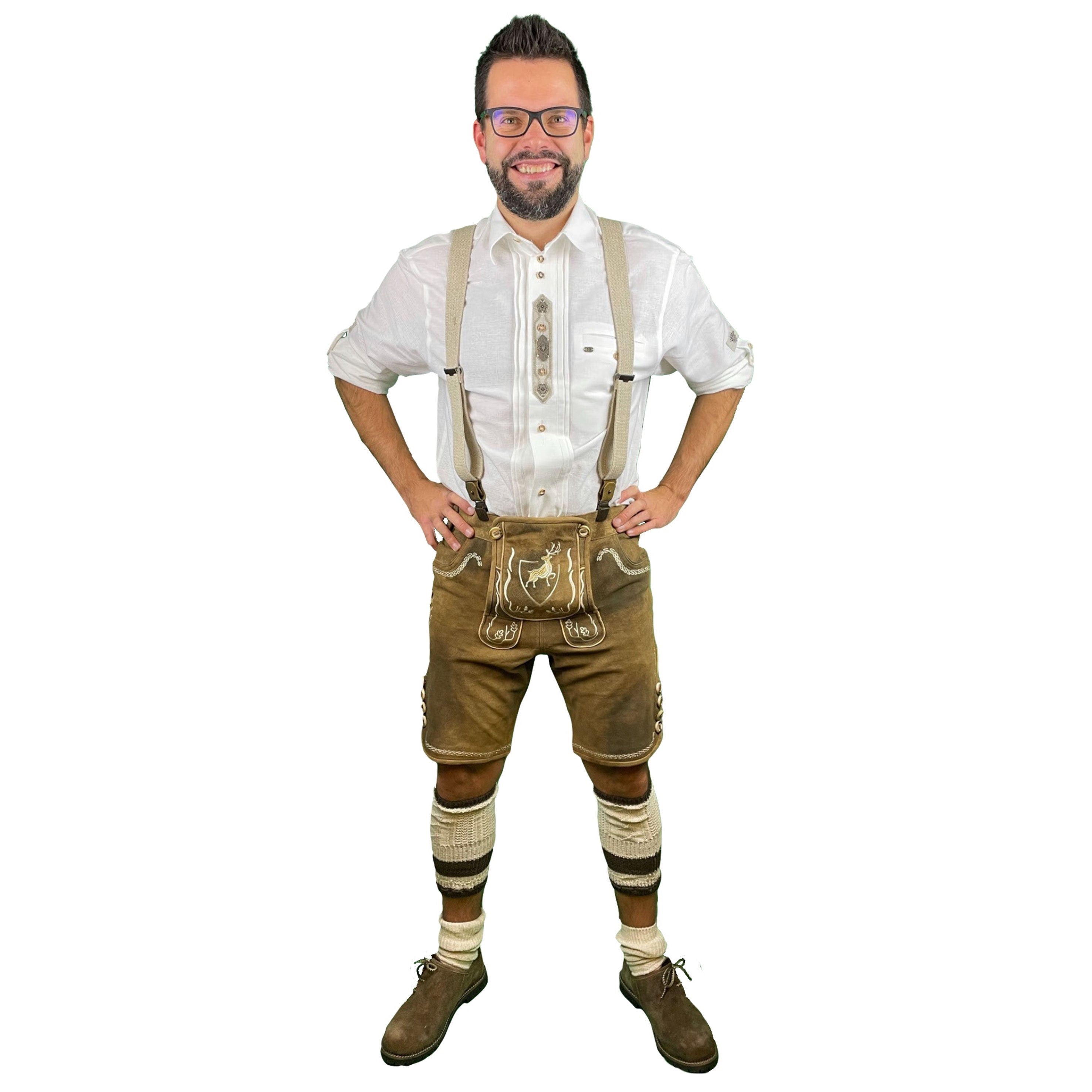 Lederhose Der Hirsch - braun mit weißen Stickereien