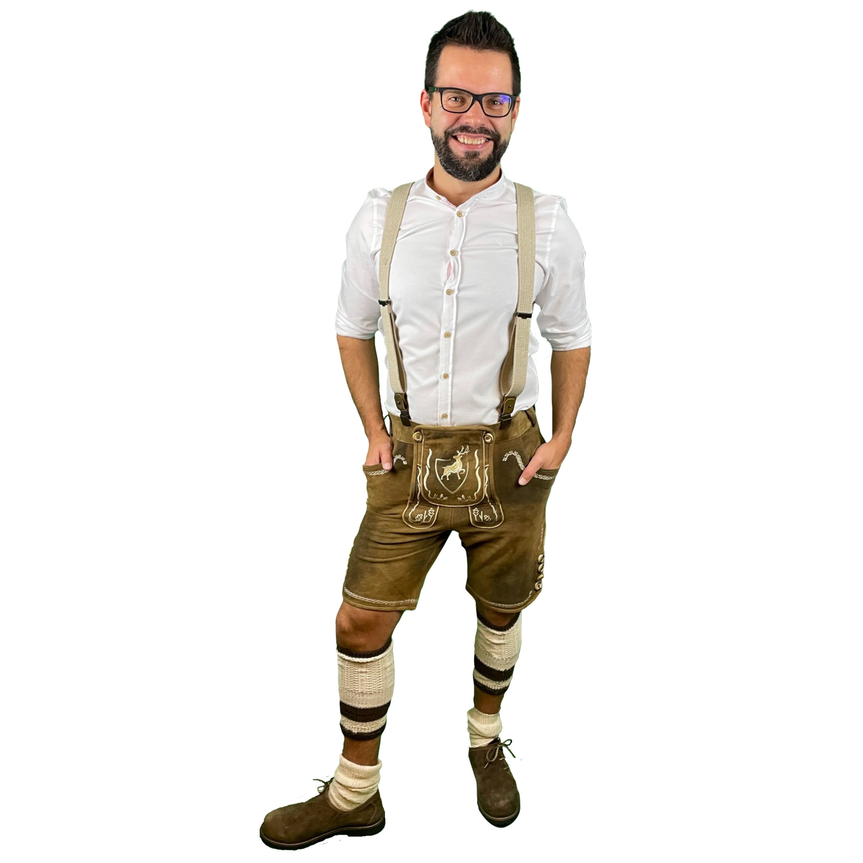 Lederhose Der Hirsch - braun mit weißen Stickereien